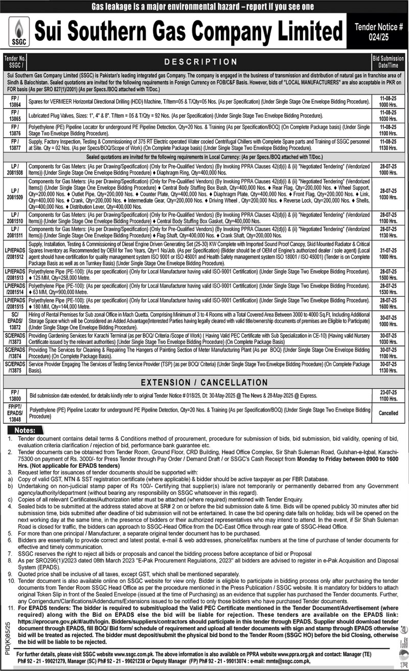 Sui Southen Gas Company Limited Tender Notice